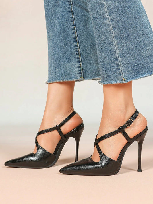 Women's Black High-Heel Sandals Pointed Toe Cross Ankle Strap Stiletto Heels Wedding Party Dress Shoes YISHIFAN