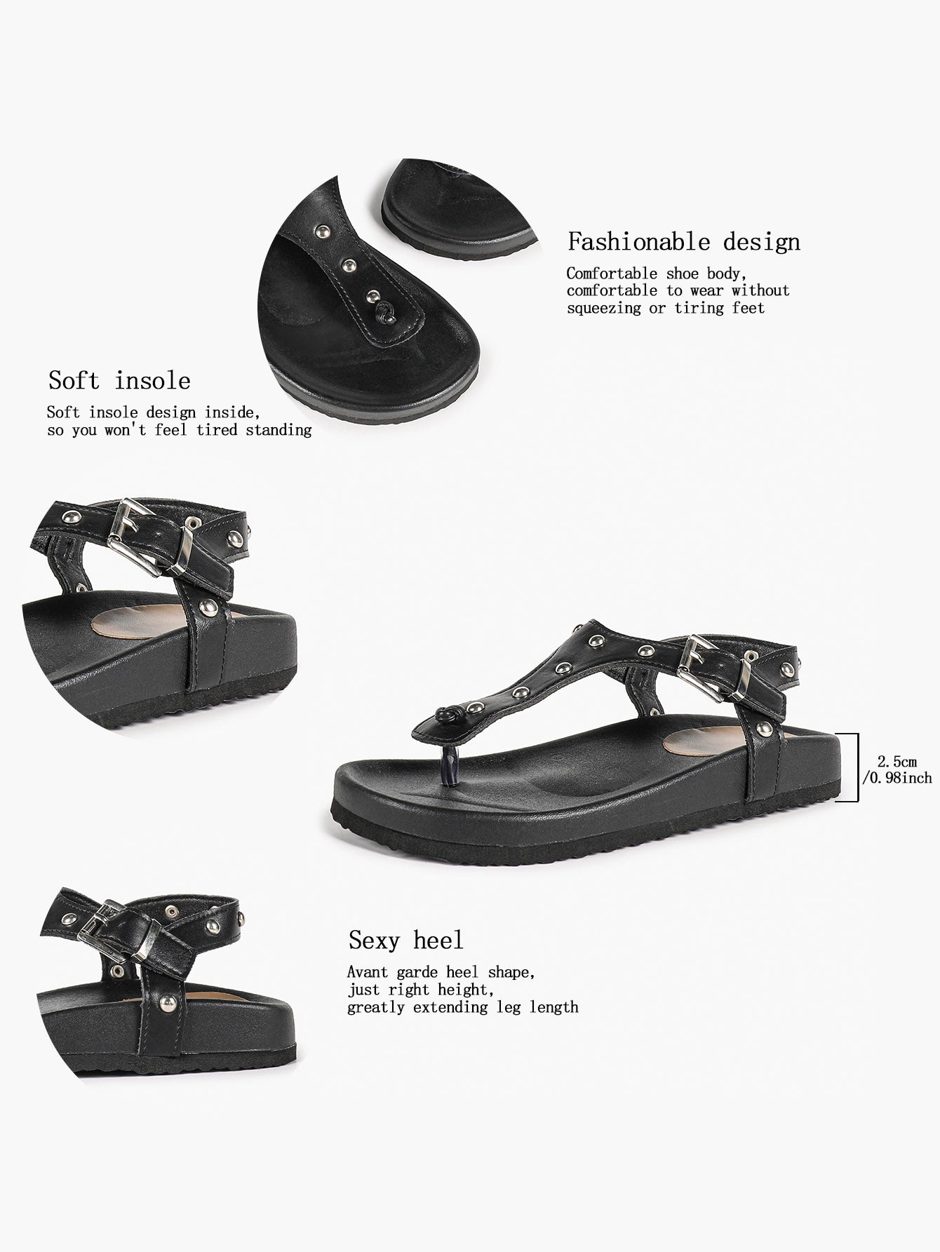 Black Studded T-Strap Thong Sandals with Chunky Platform Sole