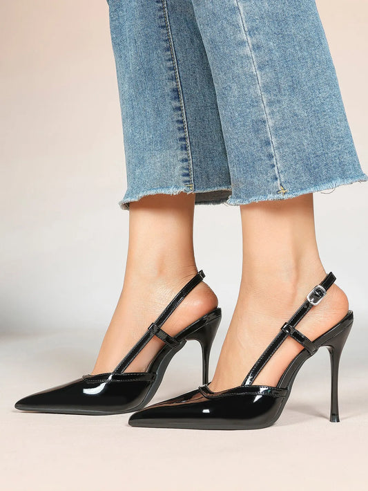 Women's Black Leather High-Heel Sandals Pointed Toe Stiletto Heels Office with for Wedding Party YISHIFAN