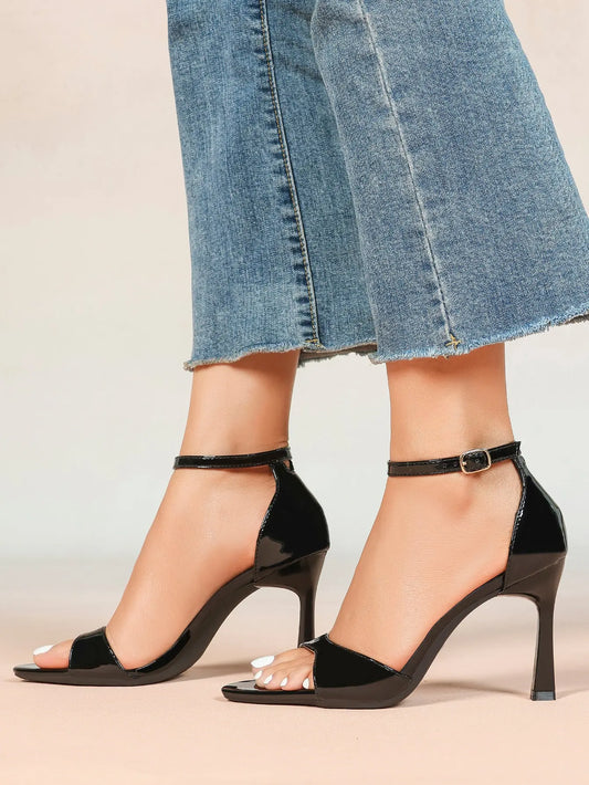 Women's Black High-Heel Sandals 3.74 Inch Stiletto Heels with Adjustable Ankle Strap for Wedding Party Casual YISHIFAN