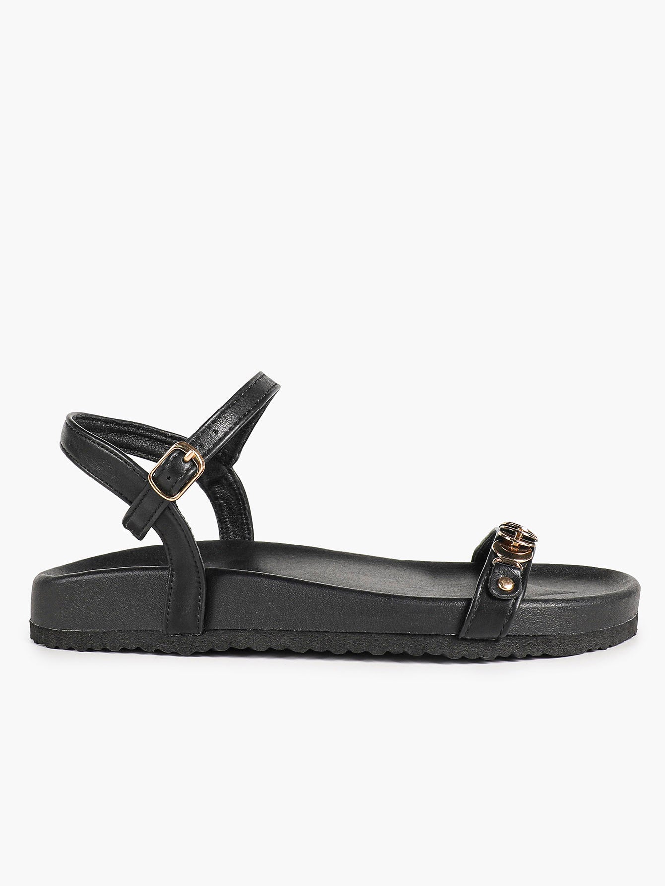 Black Flat Sandals with Gold-Tone Coin Detail and Adjustable Ankle Strap