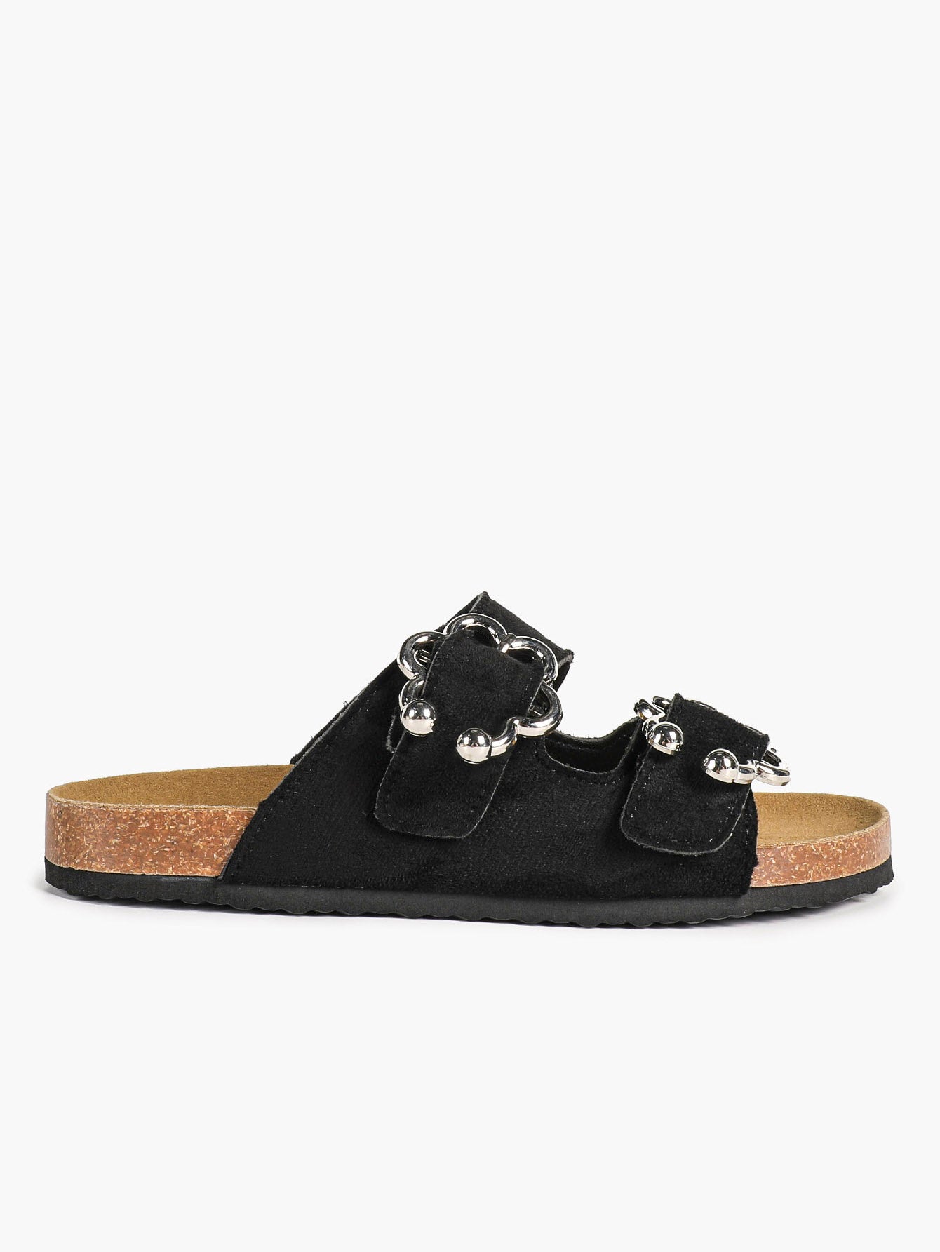 Black Suede Two-Strap Sandals with Silver Floral Buckles for Casual Summer Days