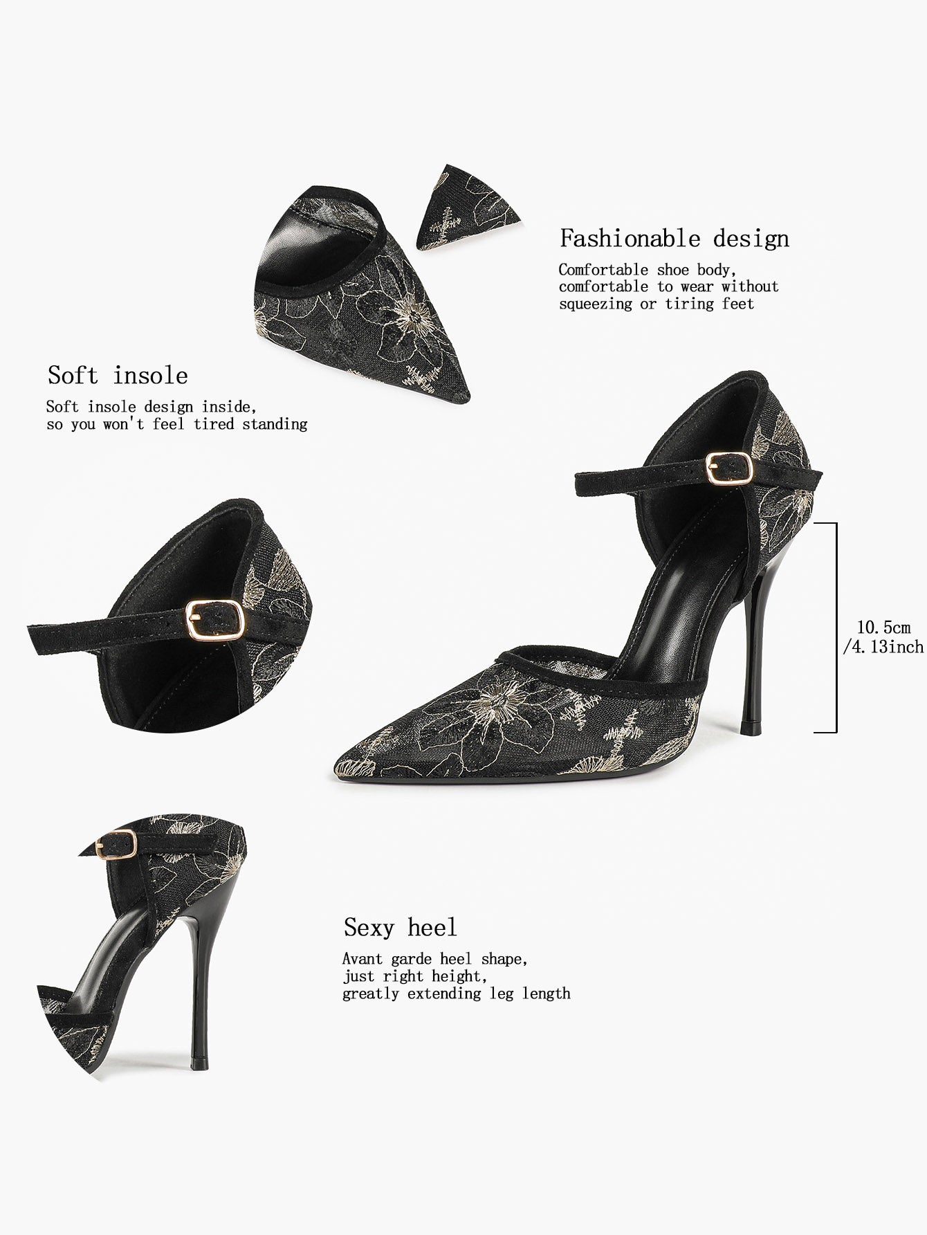 Sparkly Lace Pointed Toe Heels - 4.13" Ankle Strap Pumps with Non-Slip Sole