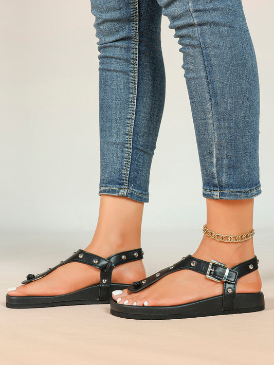 Black Studded T-Strap Thong Sandals with Chunky Platform Sole