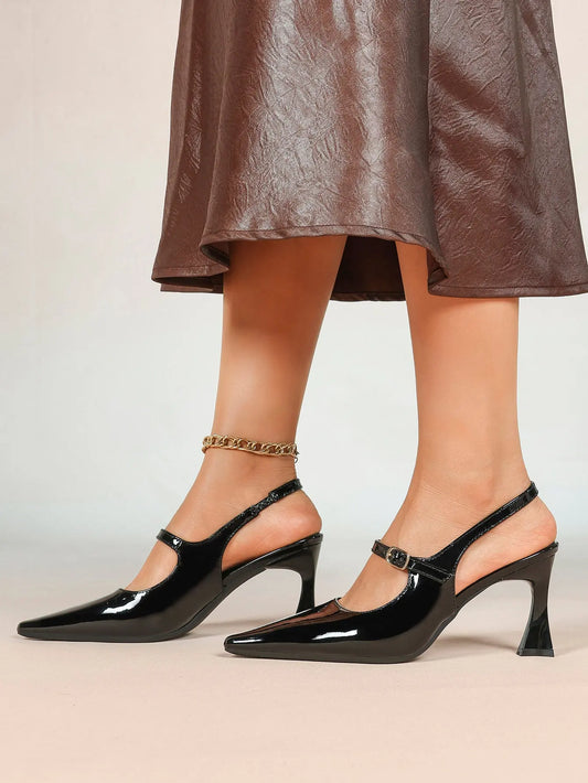 Black Slingback Pumps Patent Leather Pointed Toe Chunky High Heels Dress Shoes YISHIFAN