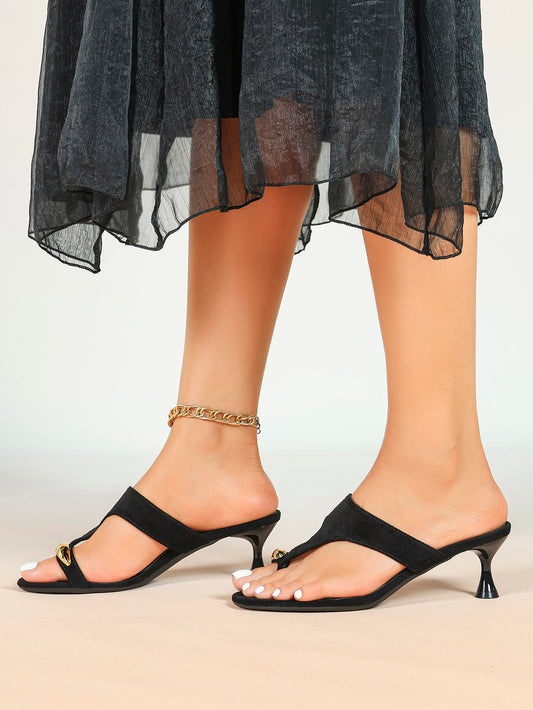 Black Suede Toe Post Heeled Sandals Wide Band Backless Mules with Gold Hardware Vacation