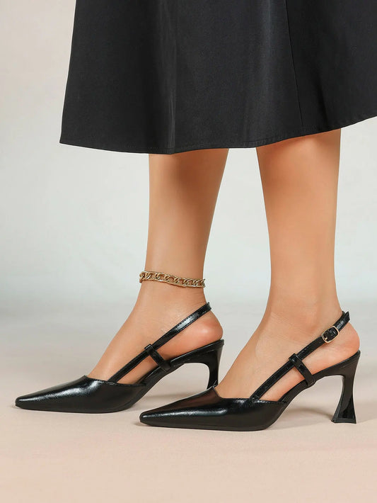 Black Pointed Toe Slingback Pumps 7.5CM Sculptural Heel Adjustable Ankle Strap Dress Shoes YISHIFAN