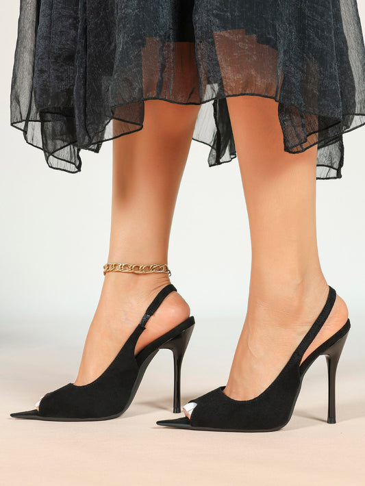 Women's Black Suede Pointed Peep Toe Stiletto Slingback Pumps Elastic Strap Office Shoes