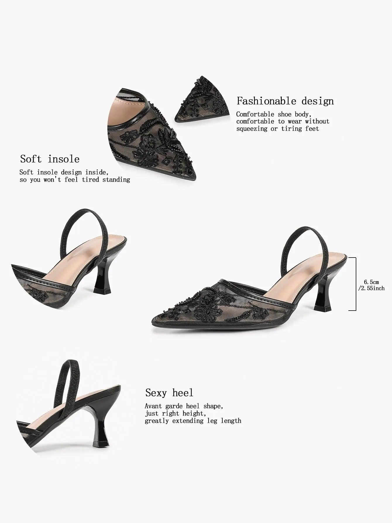 Black Mesh Floral Bead Embroidery Slingback Kitten Heels – Women's Pointed Toe Goblet Heel Mule YISHIFAN