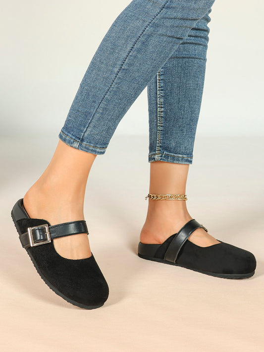 Black Suede Buckled Strap Slip-On Mules with Gold-Tone Hardware