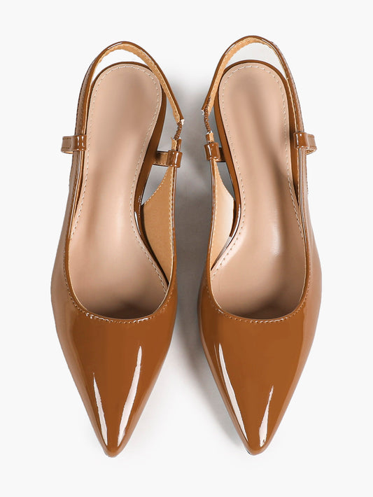 Caramel Patent Pointed-Toe Slingback Pumps with Split-Strap Detail and Block Heel