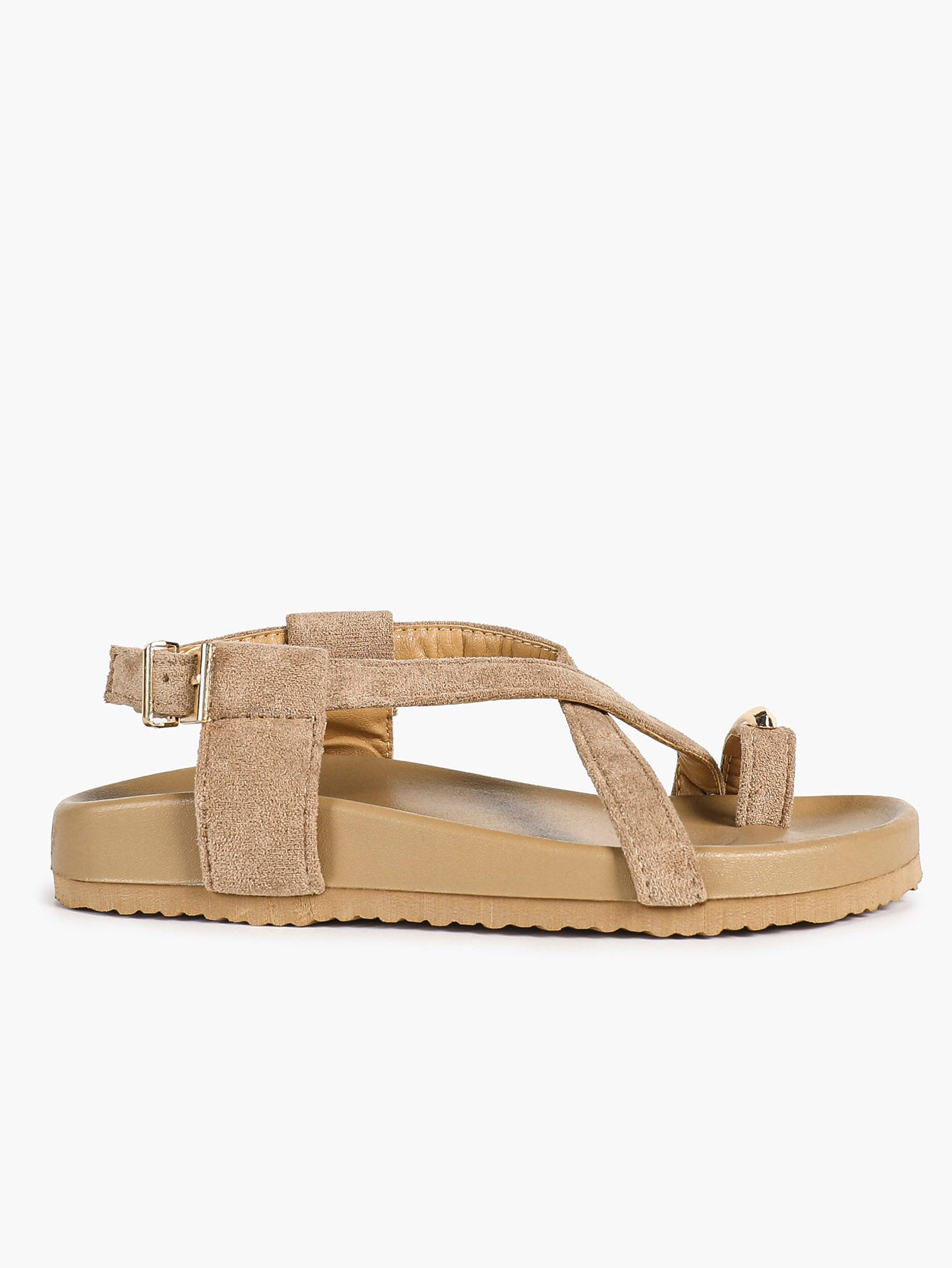 Olive Green Suede Criss-Cross Strap Sandals with Gold-Tone Oval Detail and Platform Sole