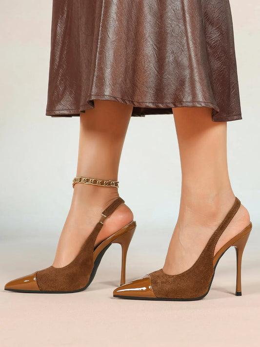 Women's Brown Suede Pointed Toe Slingback Pumps Stiletto High Heels 10.5CM Dress Shoes YISHIFAN