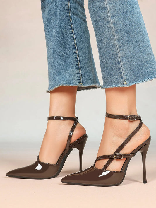 Women's Deep Brown Leather Stiletto Sandals Asymmetric Strap Heel with Soft Insole for Formal Dress Shoes YISHIFAN