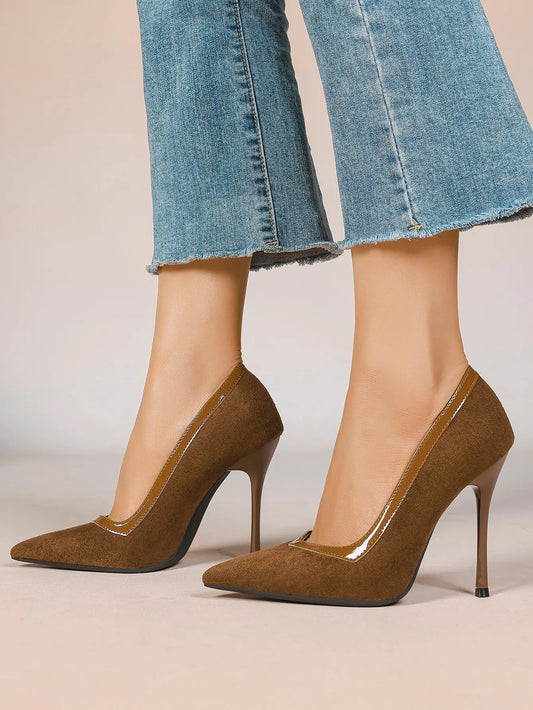 Women's Pumps Pointed Toe Stiletto Heels Black Suede Leather Trim Wedding Evening Party Dress Shoes YISHIFAN