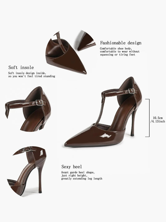 Women's Glossy T-Bar Pointed Pumps 10.5cm Stiletto Slingback Dress Heels YISHIFAN
