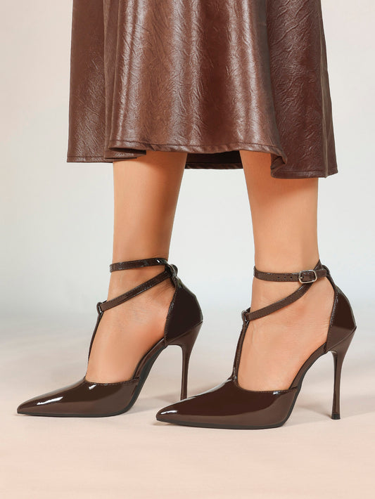Dark Brown Patent T-Strap Slingback Pumps Closed Pointed Toe Ankle Buckle Stiletto Heels Office Shoes