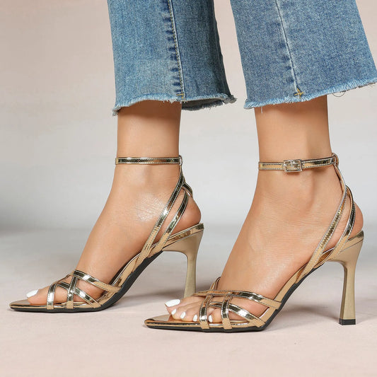 Leather Stiletto Heels for Women Open Pointed Toe Cross Ankle Strap Sandals for Wedding Party YISHIFAN