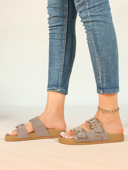 Taupe Suede Two-Strap Comfort Sandals with Gold Buckles