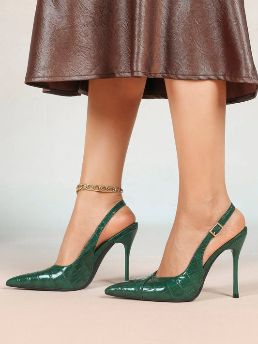 Vintage Luxe Reimagined: Deep Green Pointed Slingbacks with Croc Texture & All-Day Soft Insole YISHIFAN