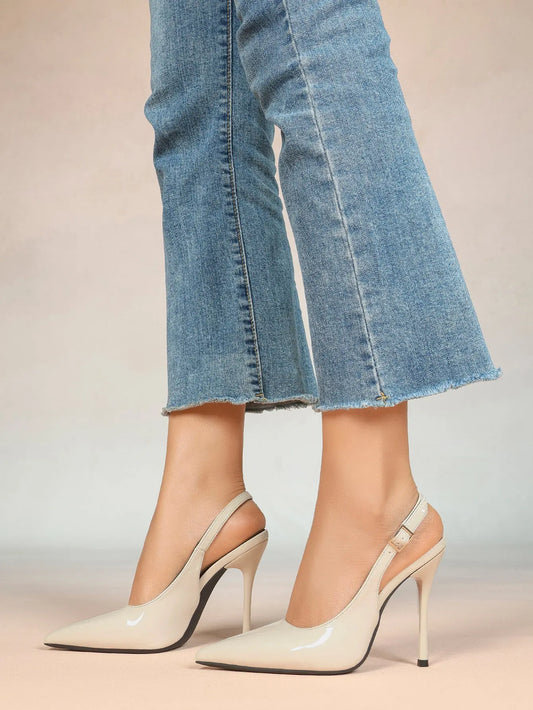 Women's Nude Slingback Heels Pointed Toe Stiletto Heel with Adjustable Strap Golden Buckle YISHIFAN