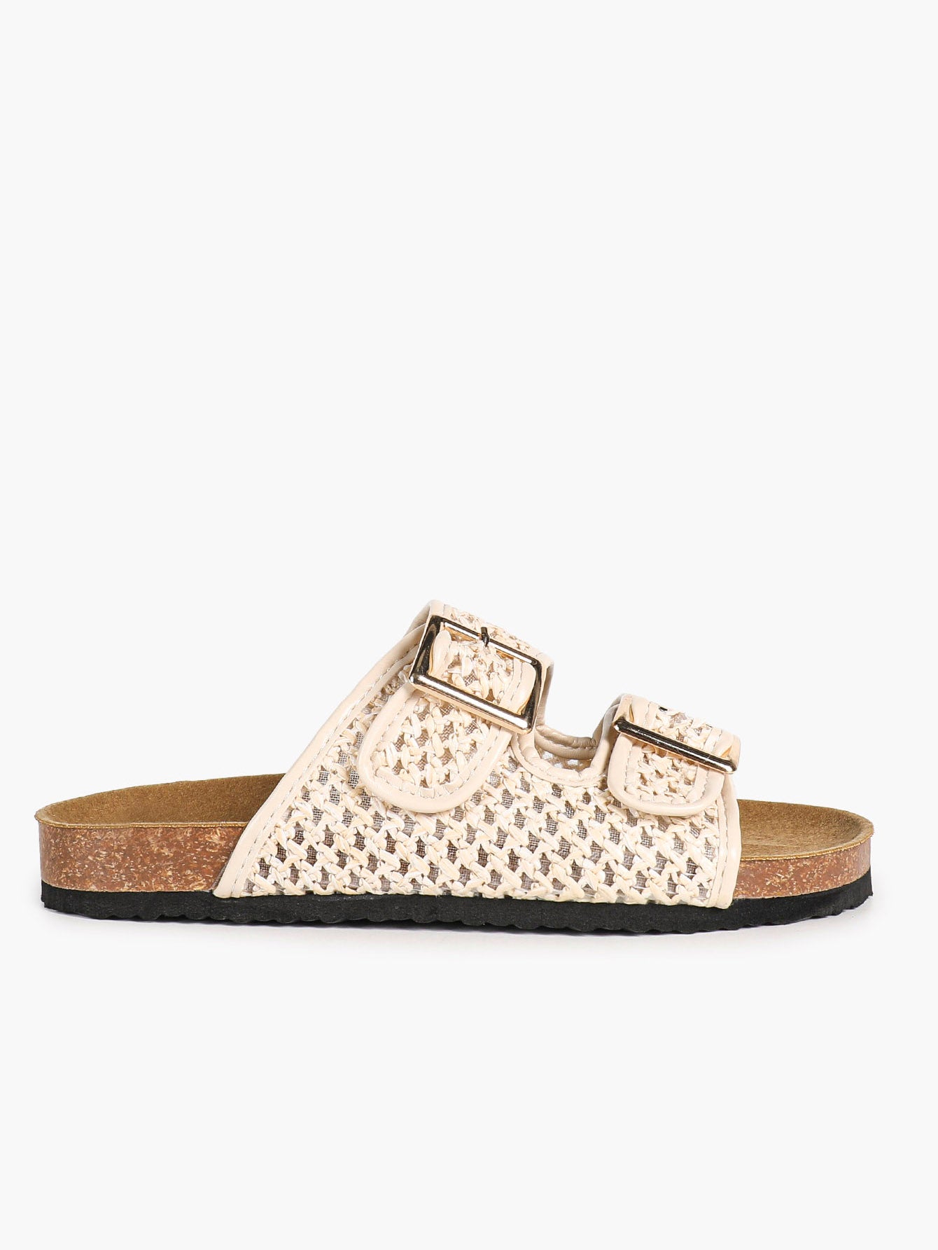 Cream Woven Double-Strap Slide Sandals with Cushioned Cork-Effect Sole