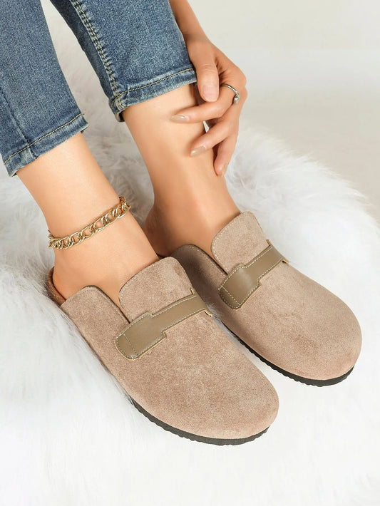 Ivory Suede H-Strap Boston Clogs – Women's Cork Platform Closed Toe Mule with Contrast PU Band YISHIFAN