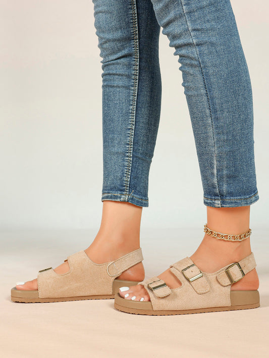 Beige Suede-Effect Triple-Buckle Slingback Sandals with Cushioned Sole