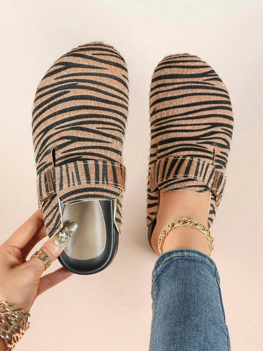 Leopard Print Faux Pony Hair Boston Clogs – Women's Closed Toe Buckle Mule with Soft Footbed YISHIFAN