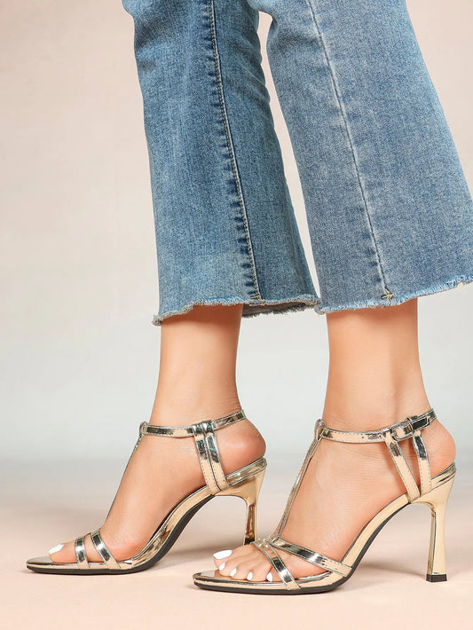 Women's Metallic Gold T-Strap Multi-Strap Stiletto Sandals Stiletto Heel for Party Office Shoes YISHIFAN