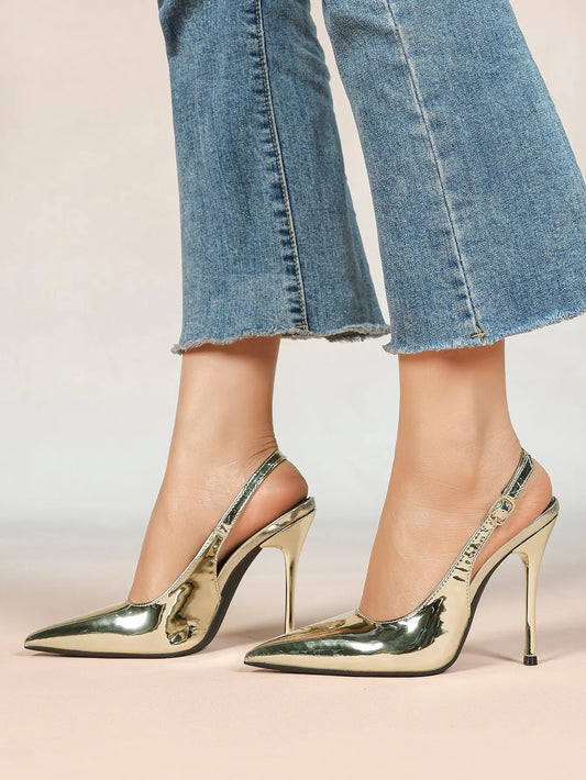 Women's Metallic Slingback Stiletto Pointed Toe with 4.13 Inch heel for Wedding Party Shoes YISHIFAN