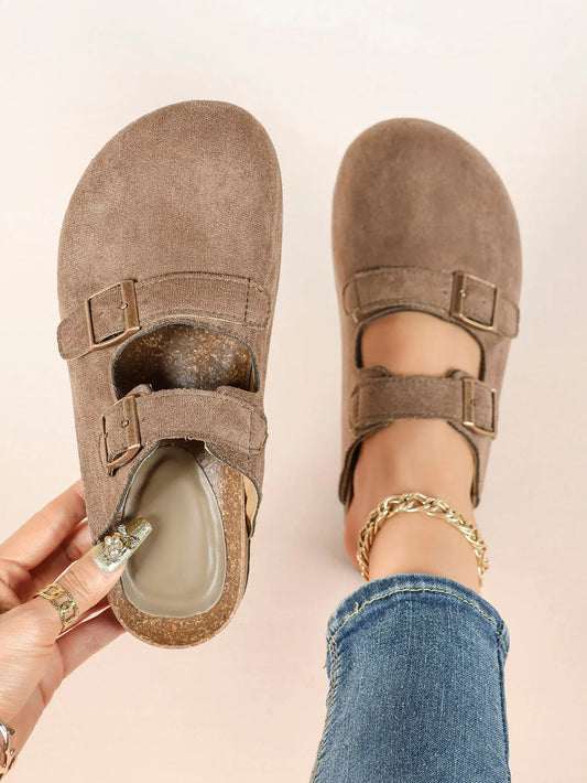 Light Brown Suede Double Buckle Boston Clogs – Women's Closed Toe Cork Mule with Bronze Hardware YISHIFAN