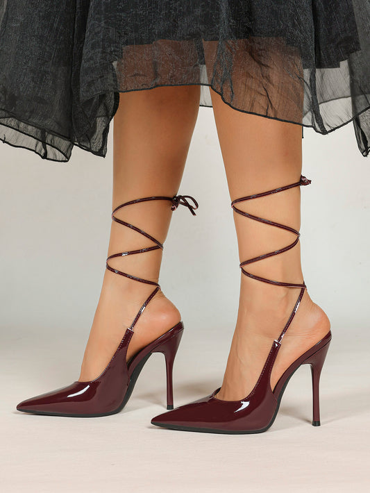 Burgundy Lace Up Stilettos - Pointed Toe Chic and Sexy Shoes for Evening or Party