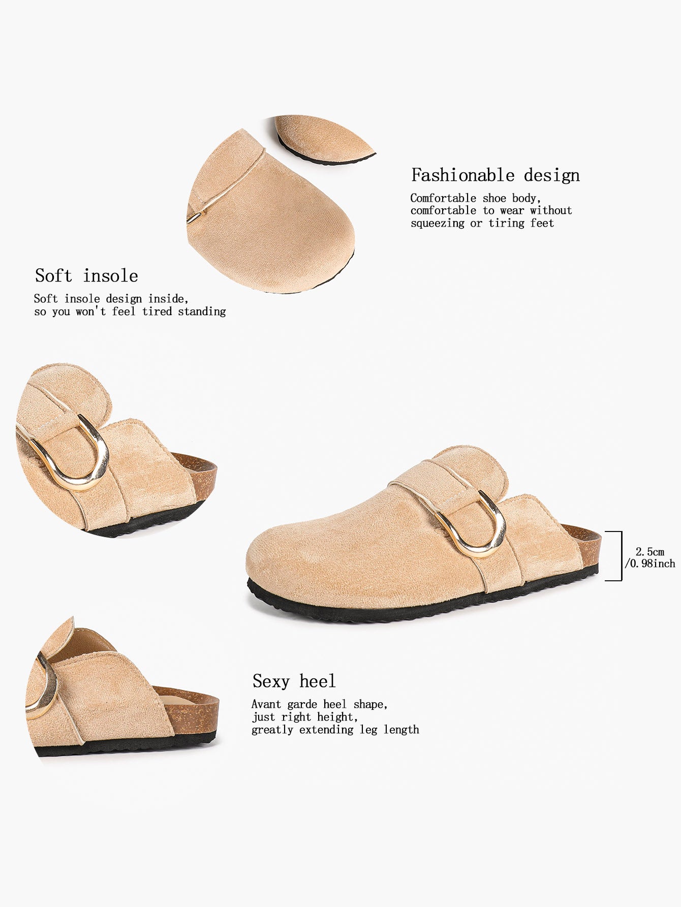 Beige Suede Slip-On Mules with Gold-Tone Arch Buckle and Cushioned Sole