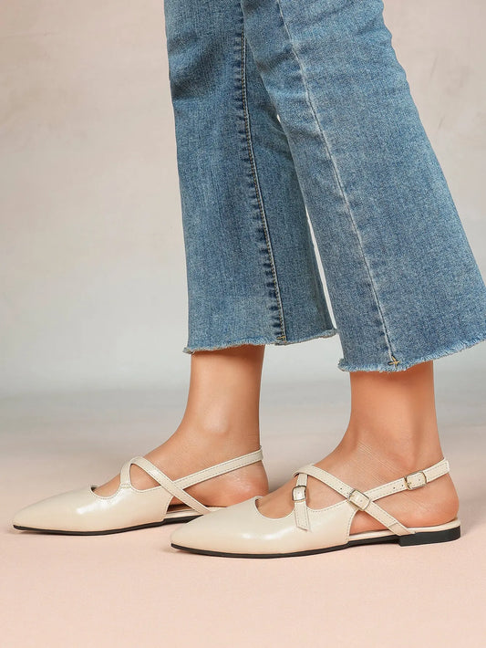 Women's Ivory Leather Ballet Flats Roman Cross Strap Closed Toe Pointed Flats for Work Party Dress Shoes YISHIFAN