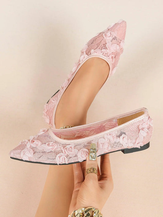 Pink 3D Rose Appliqué Lace Mesh Pointed Toe Flats – Women's Handcrafted Floral Ballet Flat YISHIFAN