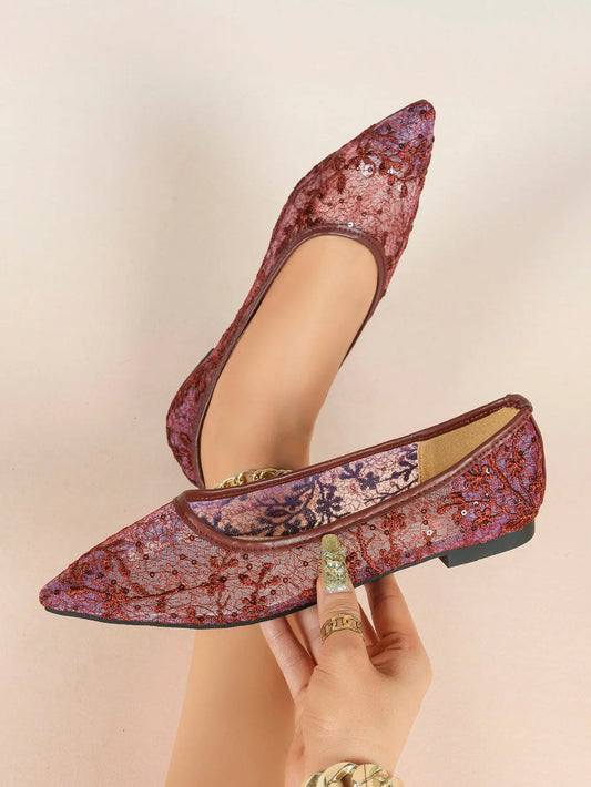 Wine Red Sequin Lace Mesh Pointed Toe Flats – Women's Floral Embroidery Ballet Flat with Iridescent Shimmer YISHIFAN