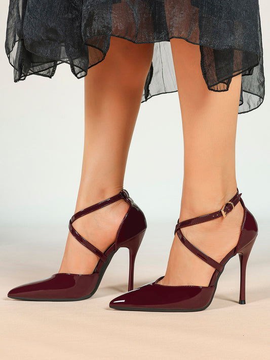 Women's Burgundy Patent Crisscross Strap Pointed Toe High Heels Ankle Buckle Pumps Party Night Out