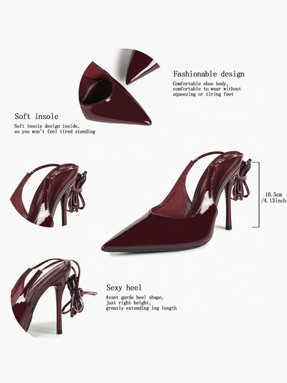Burgundy Lace Up Stilettos - Pointed Toe Chic and Sexy Shoes for Evening or Party