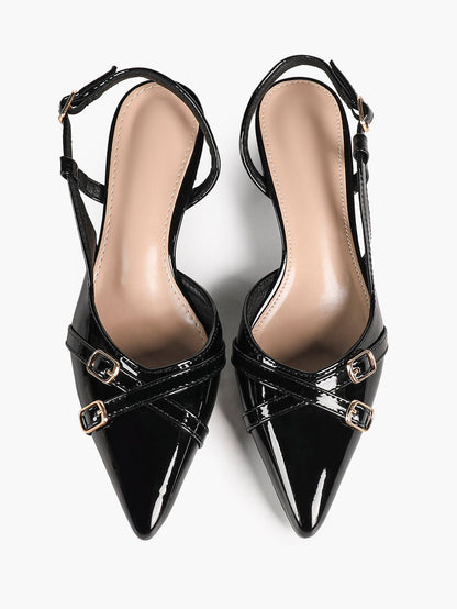 Black Patent Slingback Pumps with Cross-Strap Gold Buckles and Block Heel