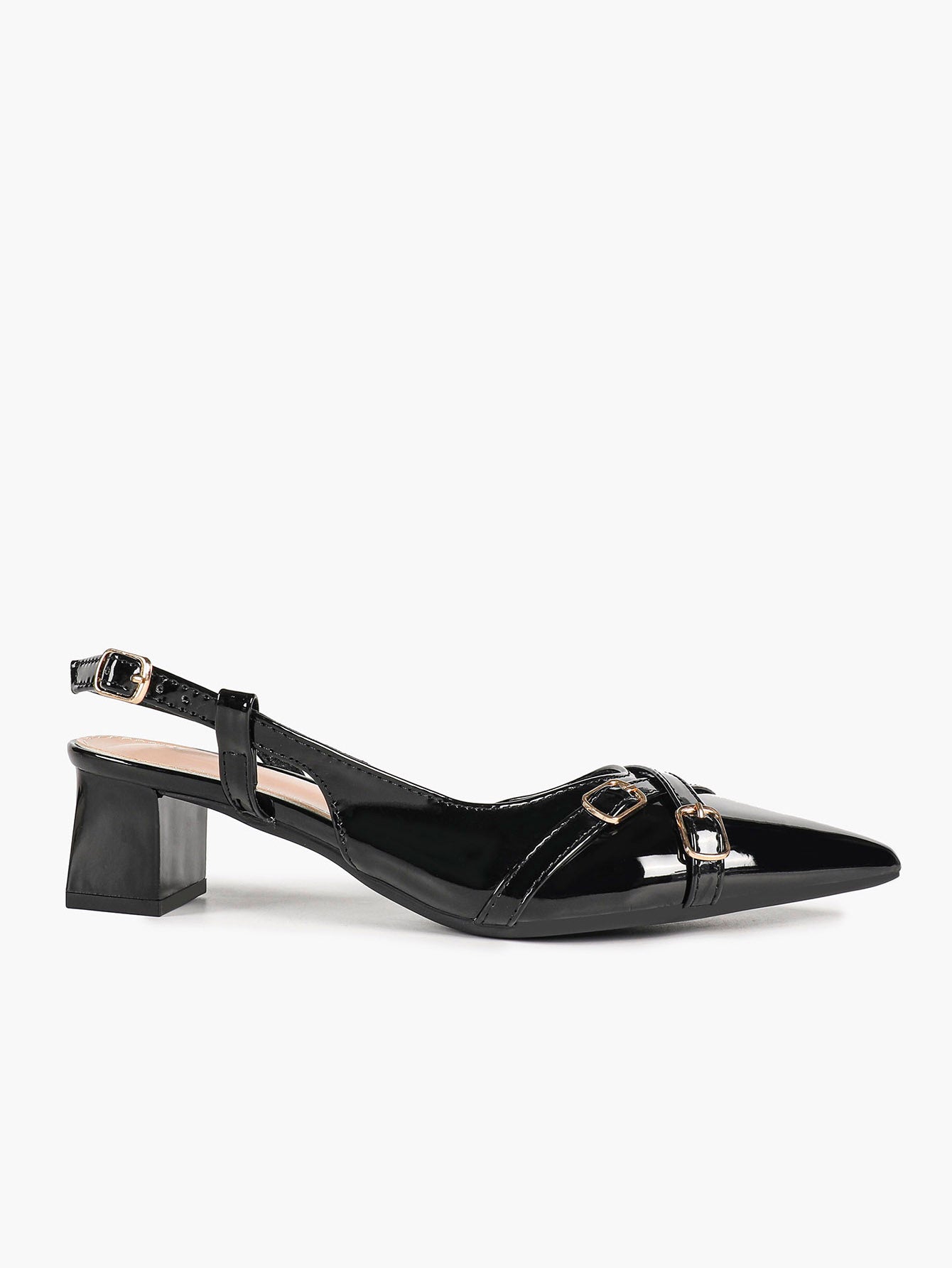 Black Patent Slingback Pumps with Cross-Strap Gold Buckles and Block Heel
