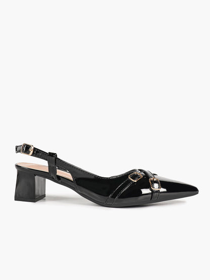 Black Patent Slingback Pumps with Cross-Strap Gold Buckles and Block Heel
