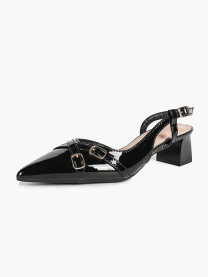 Black Patent Slingback Pumps with Cross-Strap Gold Buckles and Block Heel