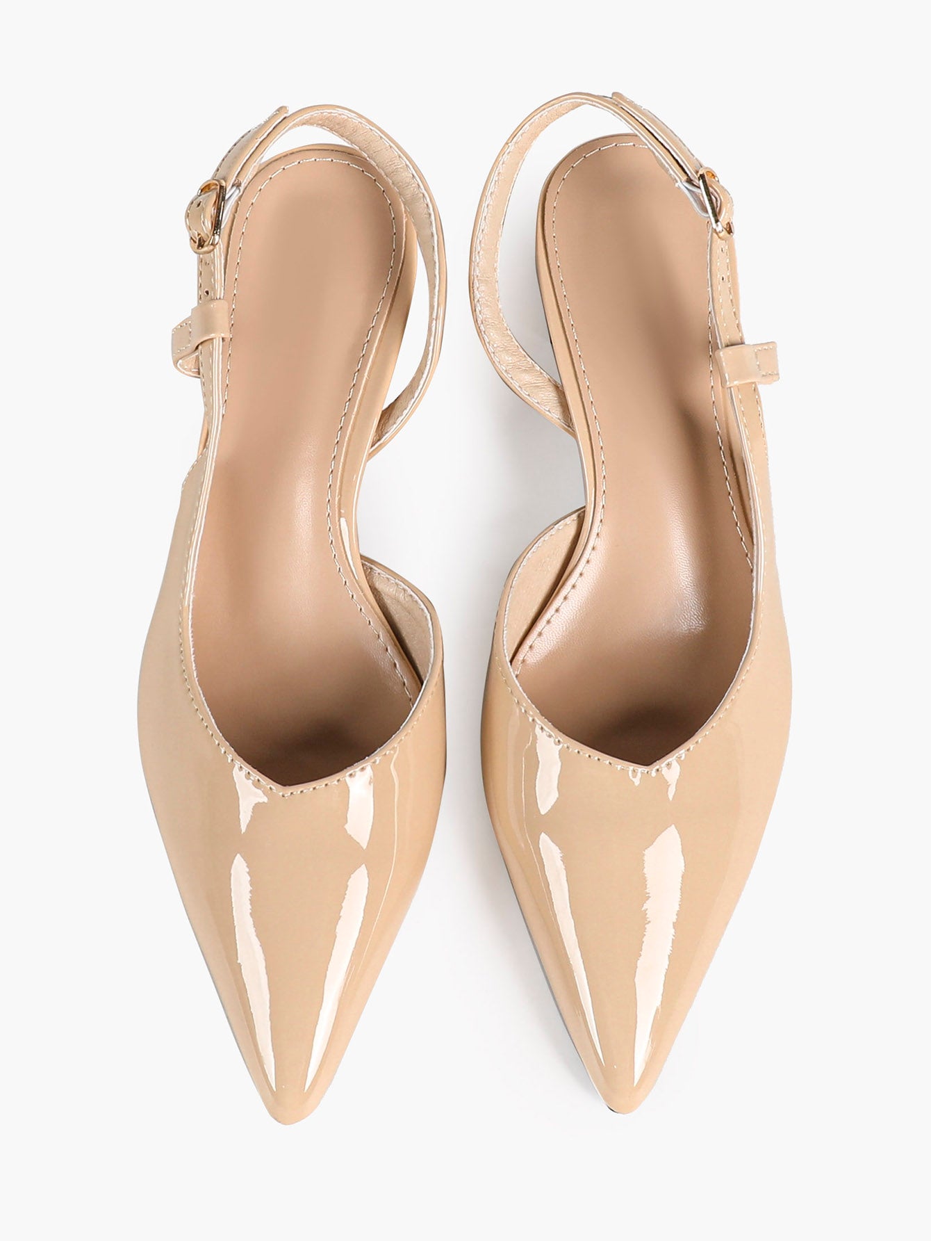 Nude Patent Slingback Heels with Pointed Toe and Comfortable Block Heel