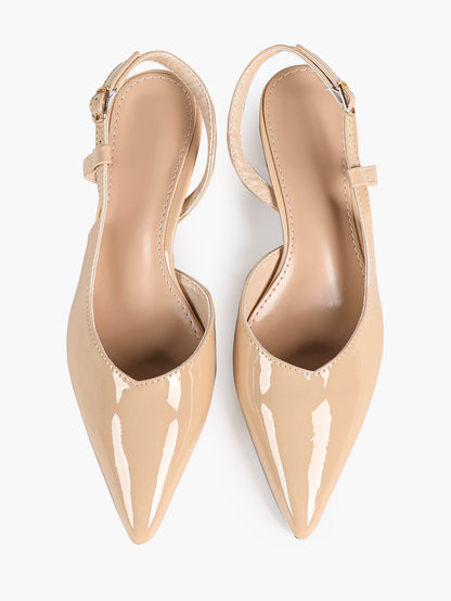 Nude Patent Slingback Heels with Pointed Toe and Comfortable Block Heel