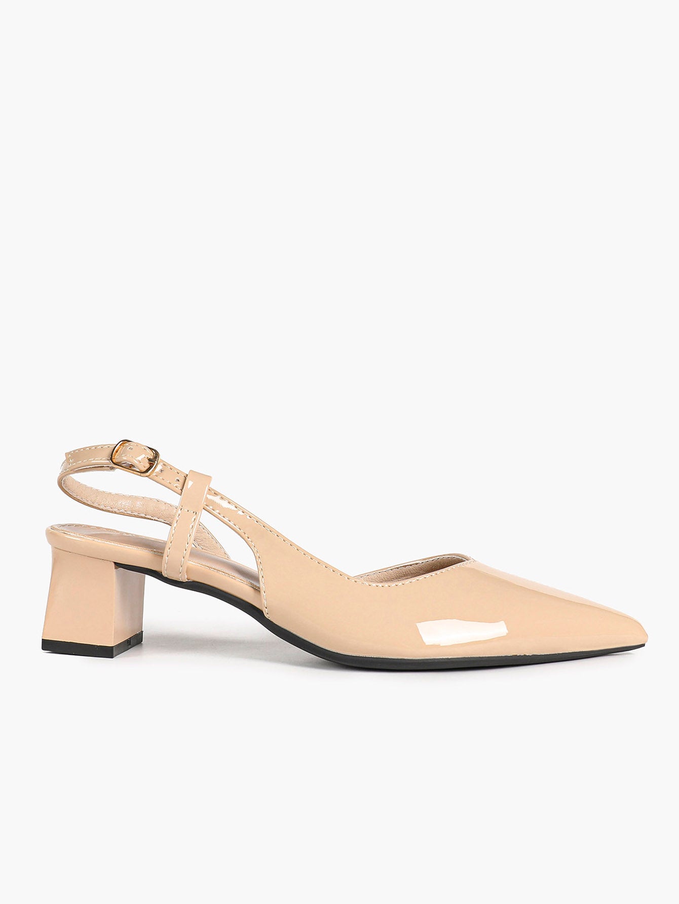 Nude Patent Slingback Heels with Pointed Toe and Comfortable Block Heel