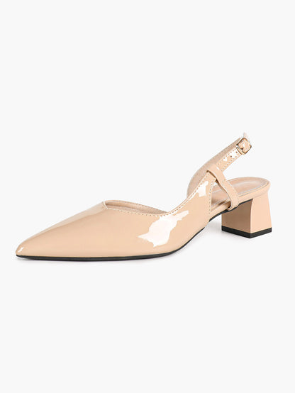 Nude Patent Slingback Heels with Pointed Toe and Comfortable Block Heel