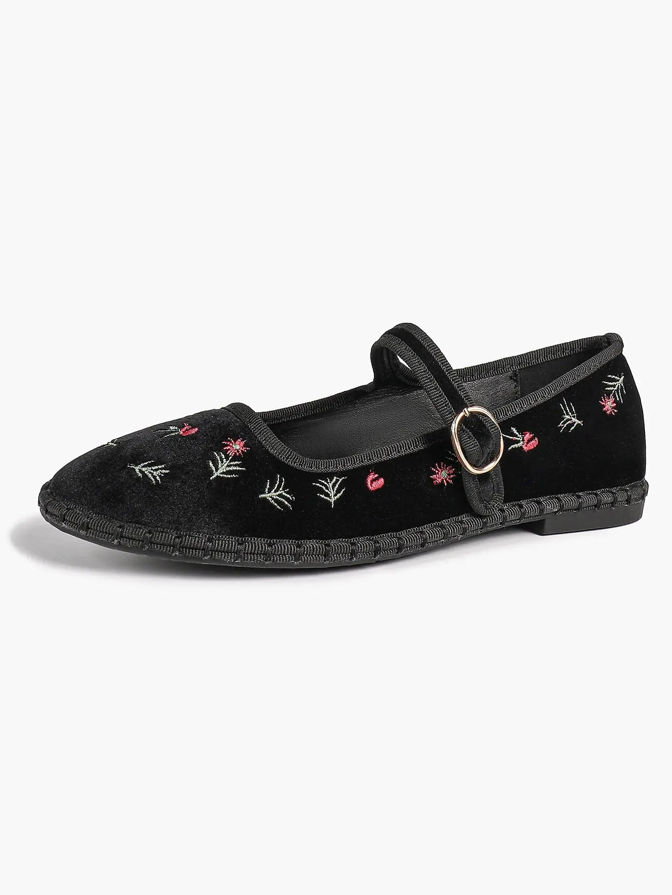 Black Velvet Mary Jane Flats Floral Embroidery Metallic Buckle Strap for Dressy Office YISHIFAN