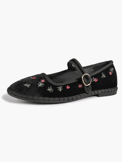 Black Velvet Mary Jane Flats Floral Embroidery Metallic Buckle Strap for Dressy Office YISHIFAN