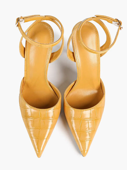 Women's Leather 4.13 INCH High-Heel Stiletto Pointed Toe Slingback Stiletto Heels for Elegant Scene YISHIFAN